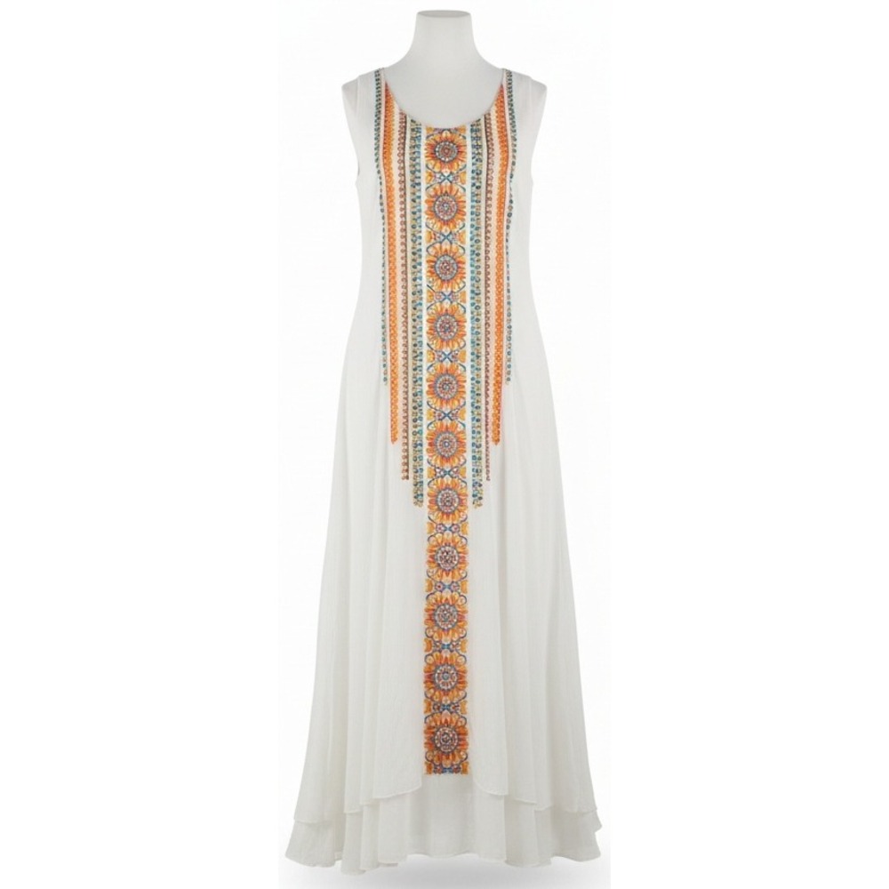 Chicos Embroidered Trim Maxi Dress Alabaster White Sleeveless Sz 0 Small (4)